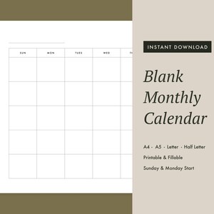Printable Blank Monthly Calendar – Letter, A4, A5, Half Letter Template ...