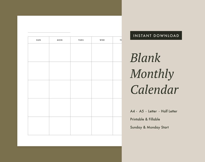 Printable Blank Monthly Calendar – Letter, A4, A5, Half Letter Template ...