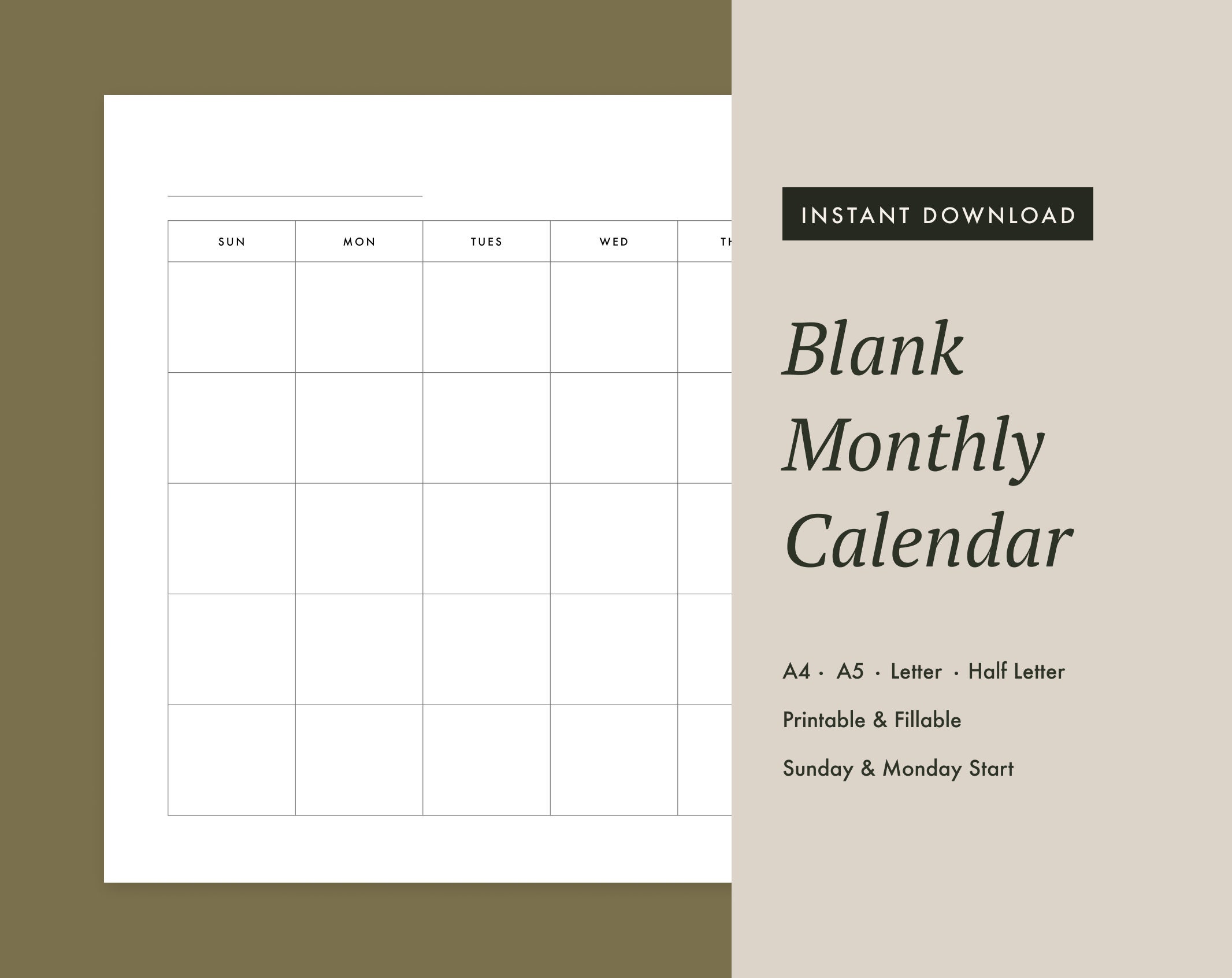 Printable Blank Monthly Calendar – Letter, A4, A5, Half Letter Template ...