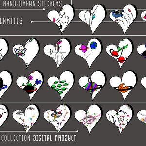 May include: A digital product featuring a collection of 60 hand-drawn stickers. Each sticker is a white heart with a unique black and colorful illustration. Designs include insects, planets, and faces. Text on the image reads "The Hearties".