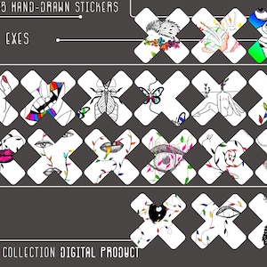 May include: Set of 35 hand-drawn stickers featuring various designs, including a butterfly, a bug, a human figure, and a snail. The stickers are in a white cross shape with black outlines. The text "THE EXES" is at the top of the image.
