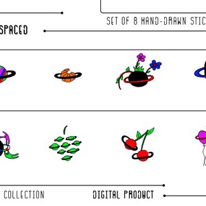 May include: Set of eight hand-drawn stickers featuring planets with rings, a croissant, a cherry, a bunch of grapes, a flower, a balloon, and a globe. The text "THE SPACED" and "STICKER COLLECTION" are at the top and bottom of the image, respectively. The text "SET OF 8 HAND-DRAWN STICKERS" and "DIGITAL PRODUCT" are at the top of the image.