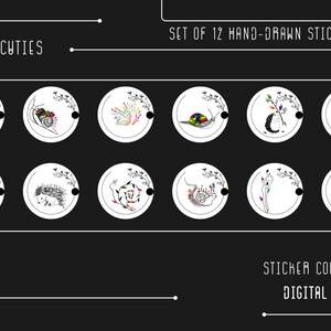 May include: Set of 12 hand-drawn stickers featuring cute animal illustrations. The stickers are black and white with colorful accents. The animals include a snail, a hedgehog, and a bird. The text "THE CUTIES" and "SET OF 12 HAND-DRAWN STICKERS" is at the top of the image. The text "STICKER COLLECTION DIGITAL PRODUCT" is at the bottom of the image.