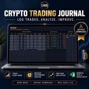 May include: A digital crypto trading journal displayed on a laptop screen, featuring a spreadsheet with columns for date, pair, exchange, direction, leverage, entry, exit, stop loss, size, fees, P&L, return, risk, R, result, equity, setup, emotion, and mistake.