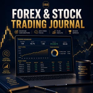 May include: A Forex & Stock Trading Journal with a laptop displaying a dashboard, a notebook labeled Plan Execute Review Improve, and a black mug with the text No Fomo. No Impulse. Just Execution. The screen shows trading data and charts.