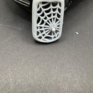 May include: A white plastic spider web grill insert for a car. The insert has a spider in the center.