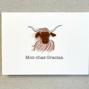 Carte de remerciement en verre de mer « Moo-chas Gracias » Carte humoristique Vache des Highlands Carte unique Carte fantaisiste Carte faite main