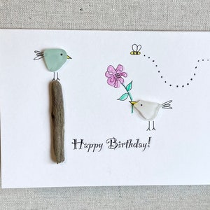 Art en verre de mer, oiseaux et abeilles, carte d'anniversaire, carte lunatique en verre de mer fait main, verre de mer du lac Huron, verre de mer collectionné à la main