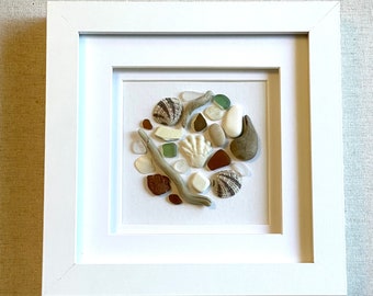 Framed Sea Glass Art Beach Treasures Shadow Box Frame Shells and Sea Glass Unique Picture made of Hand-collected Sea Glass Beach Lover