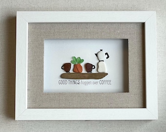 Framed Sea Glass &quot;Good Things Happen over Coffee&quot; Art in 9 x 7 in Shadow Box Frame - Unique Picture made of Hand-collected Sea Glass