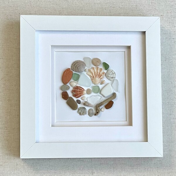 Framed Sea Glass Art Beach Treasures Shadow Box Frame Shells and Sea Glass Unique Picture made of Hand-collected Sea Glass Beach Lover