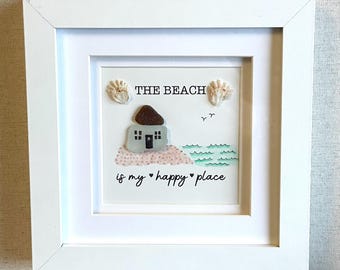 Framed Beach Lover Sea Glass Art &quot;The Beach is my Happy Place&quot; Shadow Box Unique Picture made of Hand-collected Sea Glass from Lake Huron