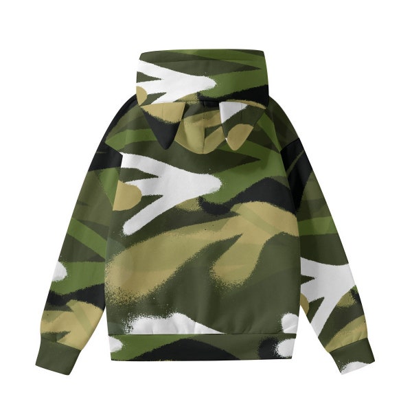 Women’s Hoodie With Decorative Ears - Camouflage Nature White Green Black Fashion for Outdoor Elegance