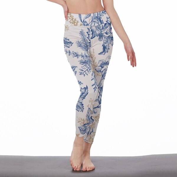 Chic Women's High Waist Leggings | Blue Leaf Tree Nature Design | Stylish Side Stitch Closure