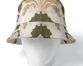 Vintage Abstract Symmetrical Design Double-Side Printing Bucket Hat - White, Tan, and Dark Green