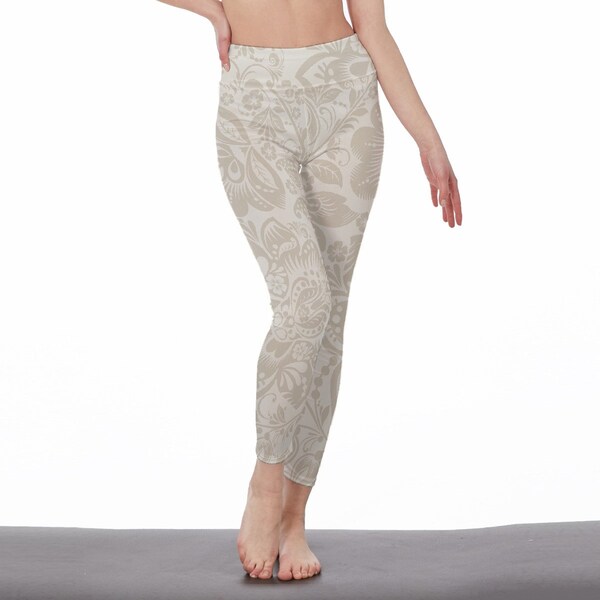 Women's High Waist Leggings | Side Stitch Closure | White & Gray Leaf Nature Design with Flower Vine