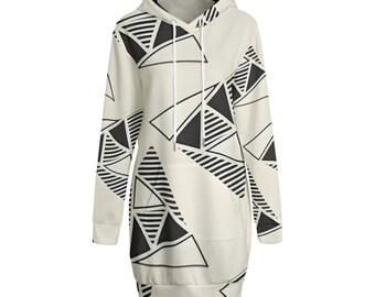 Stylish Women's Long Hoodie | Abstract Black & White Triangle Design | Trendy Fashion Apparel