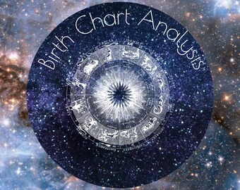 May include: A blue circle with the text "Birth Chart Analysis" in white against a starry background. The circle contains a black and white zodiac wheel with the twelve signs of the zodiac.