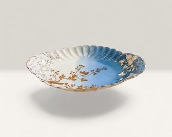 Consola de porcelana azul y dorada antigua, decoración de apartamento francés, Karlsbad, hiedra dorada, pintada a mano, romántica, eduardiana, pieza de colección.