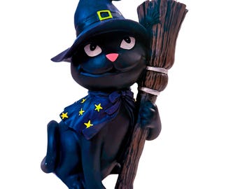 Black Cat Witch Figurine – Cottagecore Halloween Resin Decor