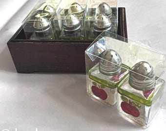 Hand-Painted Apple Salt & Pepper Shakers with Wood Caddy: NOS Vintage Set