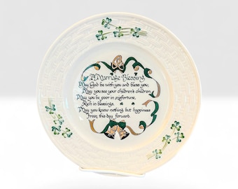 Regalo de boda irlandés tradicional, plato de bendición matrimonial Belleek vintage, porcelana con trébol, recuerdo nupcial celta, regalo de aniversario