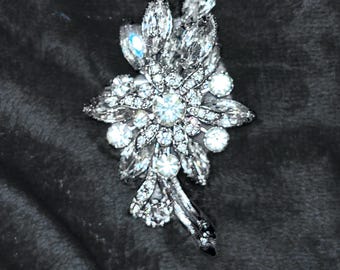 Vintage Floral Crystal Brooch: Mid Century Statement Jewelry