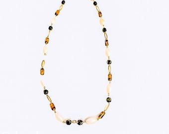 Vintage Canadian Art Glass Necklace Stratton Canada Amber Glass, Faux Pearl and Black Beads 1960s 1970s Boho Statement Jewelry