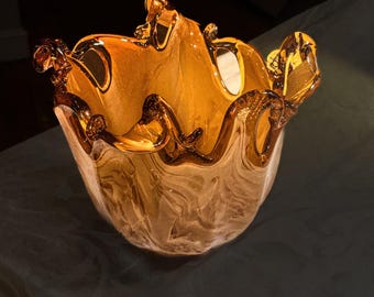 Vintage Murano Amber Art Glass Bowl: Hand Blown Italian Freeform Centerpiece Vase
