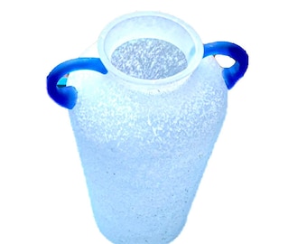 Frosted Art Glass Vase: Cobalt Blue Handles, Amphora Style, 1980s Decor