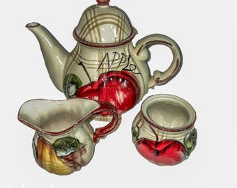 Vintage Apple & Pear Teapot Set – Ceramic Hand Painted Teapot, Sugar /Creamer – Farmhouse Kitchen 1980s