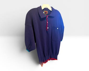 Vintage Boston Traders Knit Polo Sweater: Navy Blue, Red Trim, Pocket Top