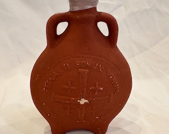 Frasco de peregrino de terracota vintage • Recipiente para agua bendita con forma de cruz de Jerusalén • Recuerdo de Tierra Santa de los años 60 •