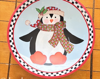 Bol de madera vintage pintado a mano con forma de pingüino – Gran decoración navideña de invierno – Centro de mesa festivo de Navidad