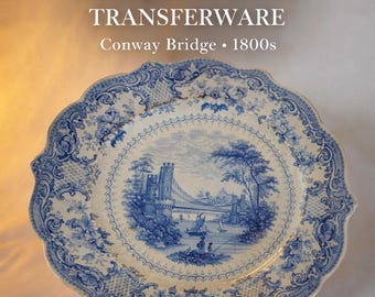 Plato antiguo de loza azul transferida Conway Bridge J & R England / Plato con vistas europeas victorianas / Decoración de pared con paisaje romántico