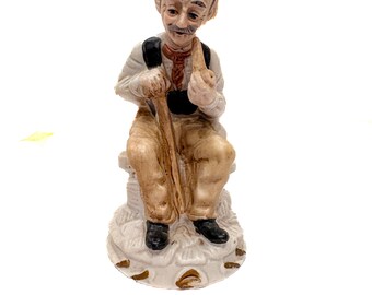 Vintage Bisque Porcelain Figurine | Hand-Painted Elderly Man, Cottage Decor
