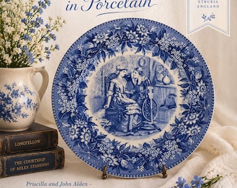 Plato vintage Wedgwood Priscilla & John Alden de loza azul transferida con escena romántica colonial de 25 cm. Plato decorativo de 25 cm con historia de amor de peregrinos.