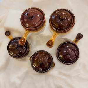 Vintage Drip Glaze Soup Crock Set, 1970s Stoneware Mini Casseroles, Rustic Kitchen Decor