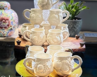 Set of 4 Mid Century White Embossed Porcelain Coffee Mugs