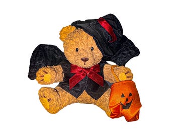 Vintage Halloween Teddy Bear Figurine – Bat Wings, Jack-o-Lantern Treat Bag
