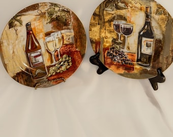 Juego de 2 platos de vino Sakura Silvia Vassileva / Platos decorativos de pared con diseño de viñedo toscano / Uvas decorativas para botellas de vino, arte para cocina y comedor / 8.5 pulgadas
