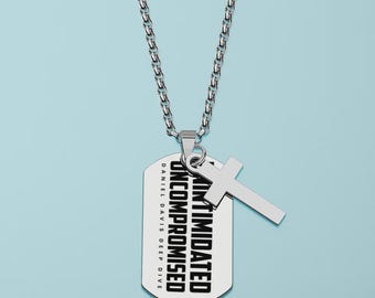 Unintimidated + Uncompromised Dog Tags Necklace With Cross Ornament