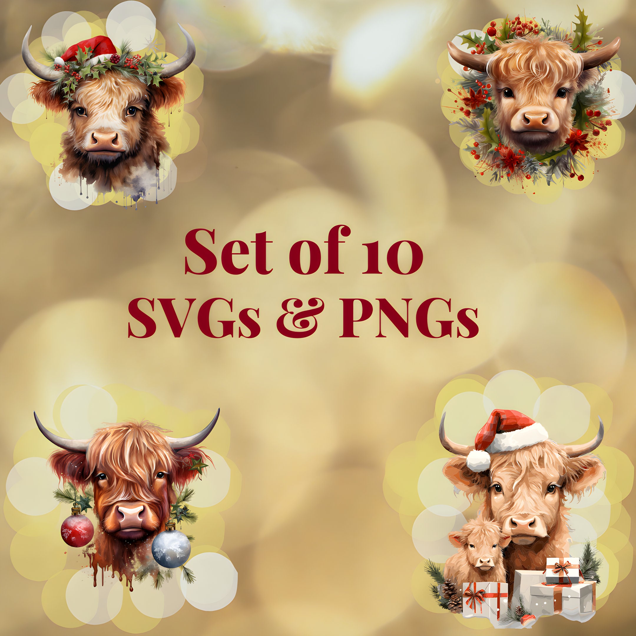 Christmas Highland Cow SVG Bundle Digital Download, Watercolor Highland ...