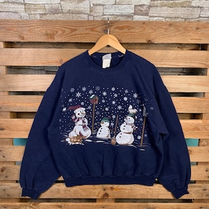 Vintage Christmas Snowman Sweatshirt Snowman Pullover Sweater Snowman Crewneck Jumper Christmast Snowman Graphic Navy Blue Winter Large Size