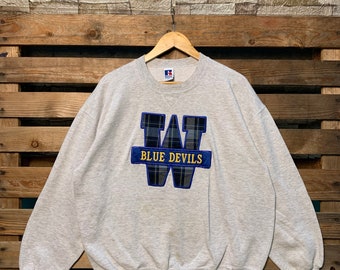 Vintage Blue Devils Wayland Sweatshirt Blue Devils Pullover Sweater Blue Devils Crewneck Jumper Blue Devils Wayland Logo Graphic Grey Colour