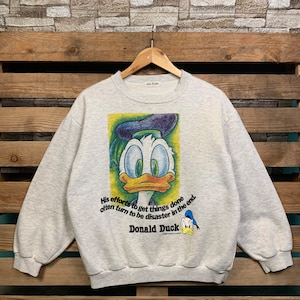 Vintage Donald Duck Disney Cartoon Sweatshirt Donald Duck Pullover Sweater Donald Duck Crewneck Jumper Donald Duck Graphic Print Grey Colour