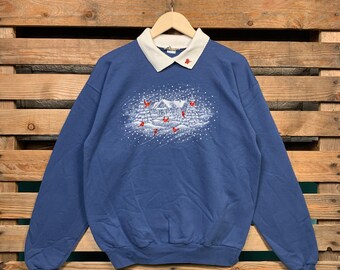 Vintage Cardinal Bird Snow Sweatshirt Cardinal Pullover Sweater Cardinal Crewneck Jumper Cardinal Bird Snow Graphic Print Blue Colour Large