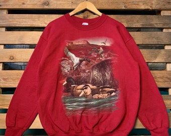 Vintage Northern Reflections Sweatshirt Nothern Pullover Sweater Nothern Crewneck Jumper Northern Reflections Ducks Graphic Print Red Color
