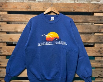 Vintage Boothbay Harbor Maine Sweatshirt Harbor Pullover Sweater Harbor Crewneck Jumper Boothbay Harbor Logo Graphic Print Blue Color Large