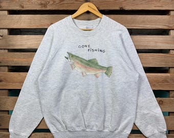 Vintage Gone Fishing Fish Bass Sweatshirt Gone Fishing Pullover Sweater Gone Fishing Crewneck Jumper Gone Fishing Graphic Print Gray Colour